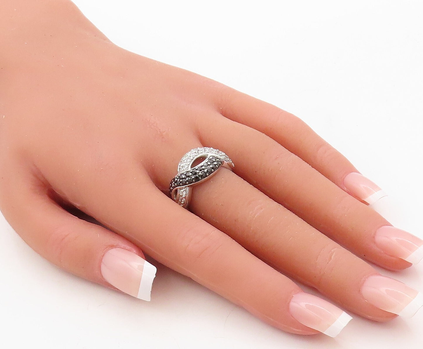 925 Sterling Silver Vintage Ring Solid Interlocked CZ & Spinel Wave Sz 7 RG31039
