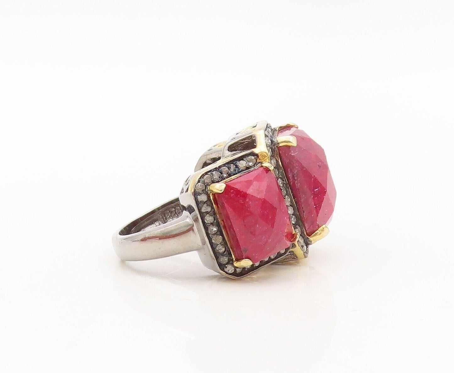 925 Sterling Silver Vintage Ring Diamonds Frame & Red Gemstones  Sz 5  RG30229