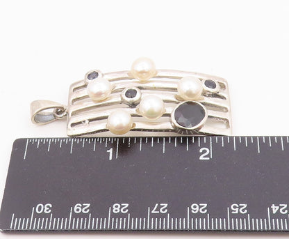 925 Silver  Vintage Cultured Pearls & Black Tourmaline Shiny Pendant  PT19610