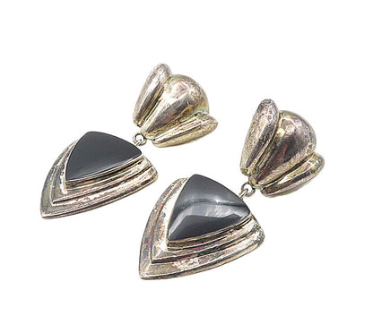 925 Sterling Silver  Vintage Black Onyx Dark Tone Linked Drop Earrings  EG4844