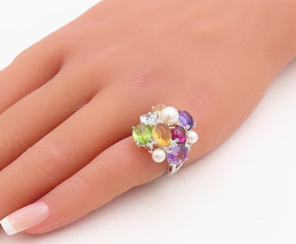 925 Sterling Silver Vintage Ring Brutalist Multi Gemstone Cluster  Sz 5  RG30710