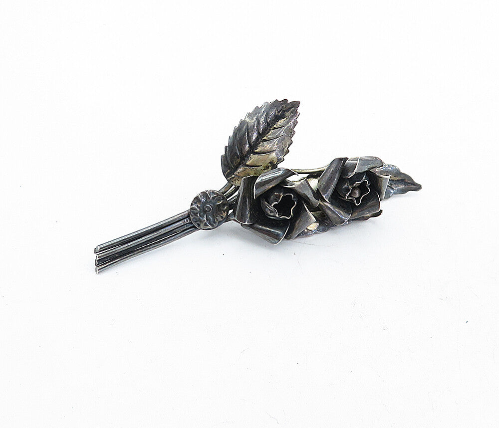 925 Sterling Silver  Vintage Oxidized Sculpted Flowers Motif Brooch Pin BP1992