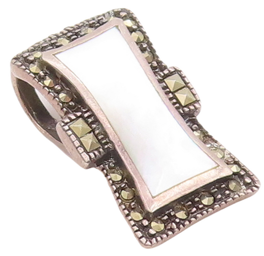 925 Sterling Silver Vintage Pendant Designer Mother Of Pearls Marcasite  PT23238