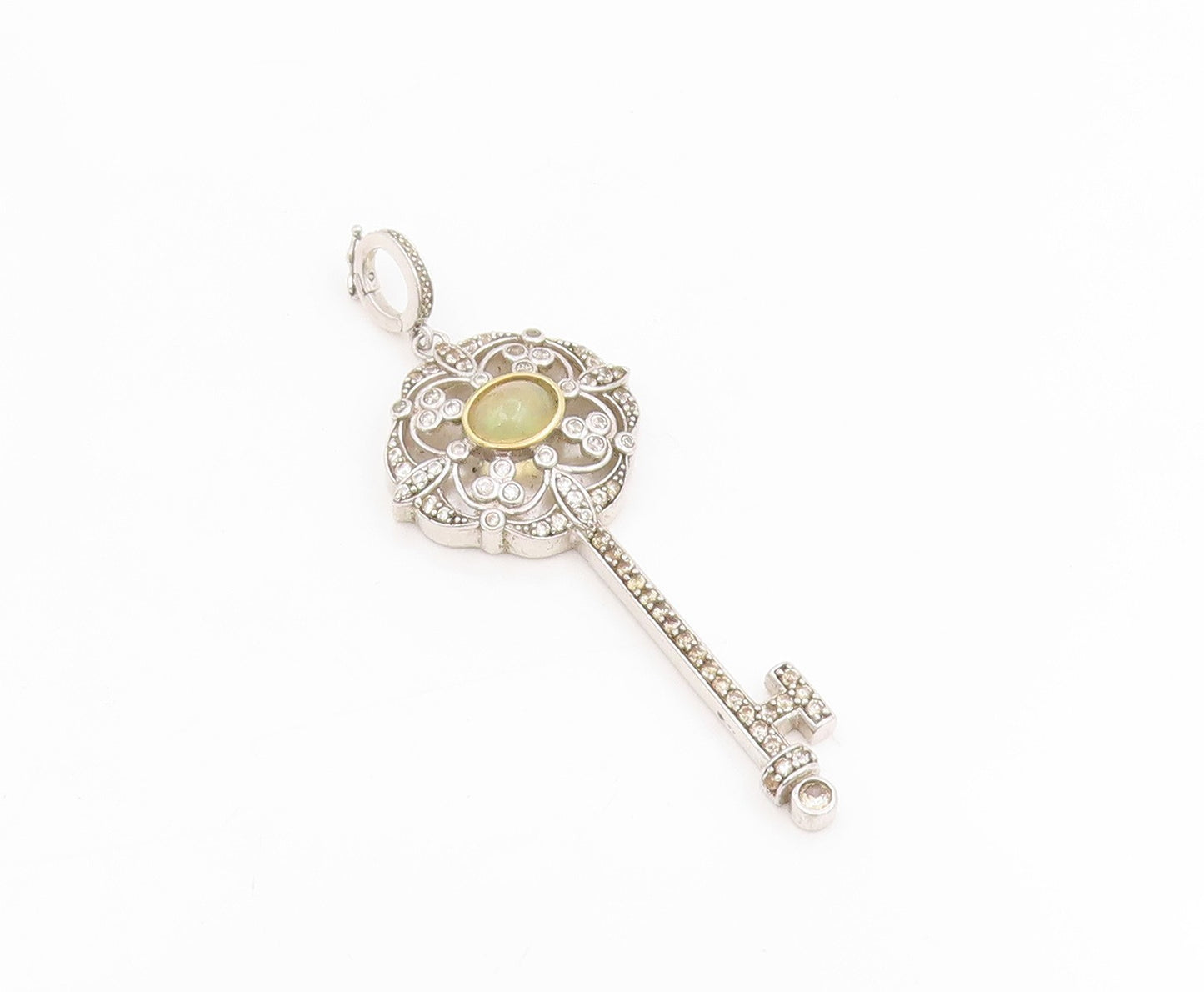 925 Sterling Silver Vintage Pendant Cabochon Opal & CZ Treasure Key  PT25644