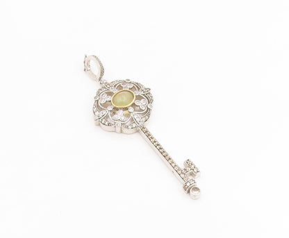925 Sterling Silver Vintage Pendant Cabochon Opal & CZ Treasure Key  PT25644