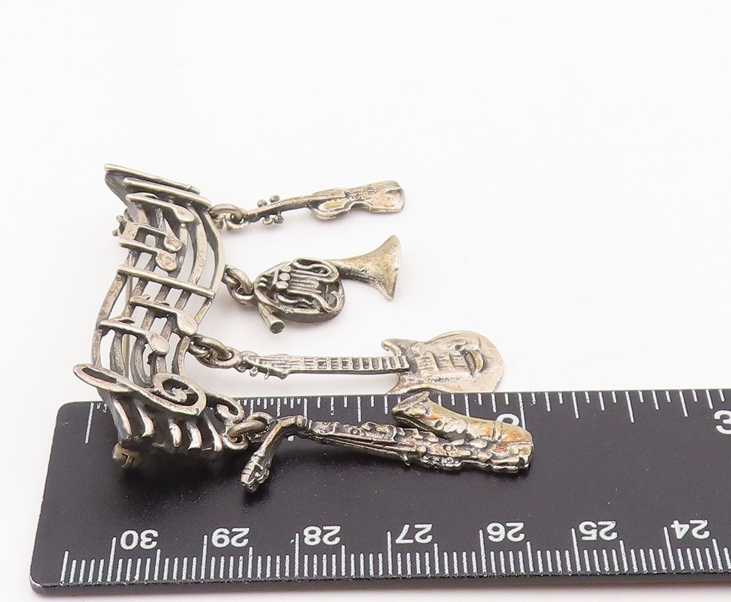925 Sterling Silver Vintage Brooch Musical Notes & Instrument Charm Pin  BP12058