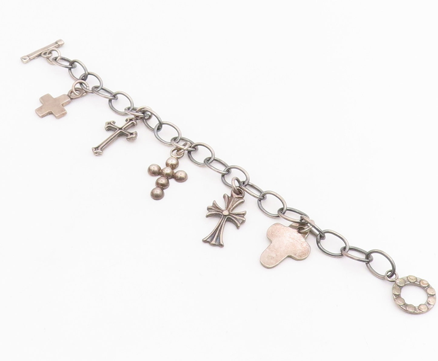 925 Sterling Silver Vintage Bracelet MEXICO Religious Cross Charms Link  BT11866
