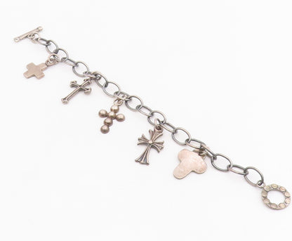 925 Sterling Silver Vintage Bracelet MEXICO Religious Cross Charms Link  BT11866