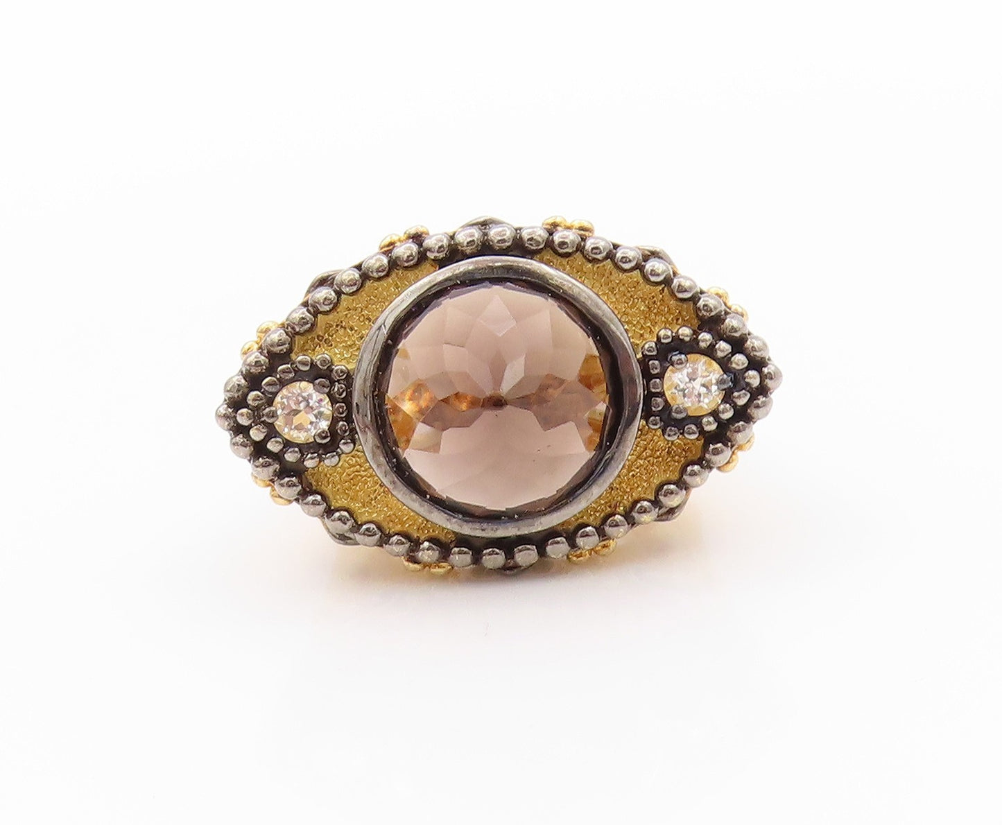 925 Sterling Silver Vintage Ring Gold Plated Diamonds Smoky Quartz  Sz 5 RG32465