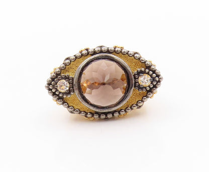 925 Sterling Silver Vintage Ring Gold Plated Diamonds Smoky Quartz  Sz 5 RG32465