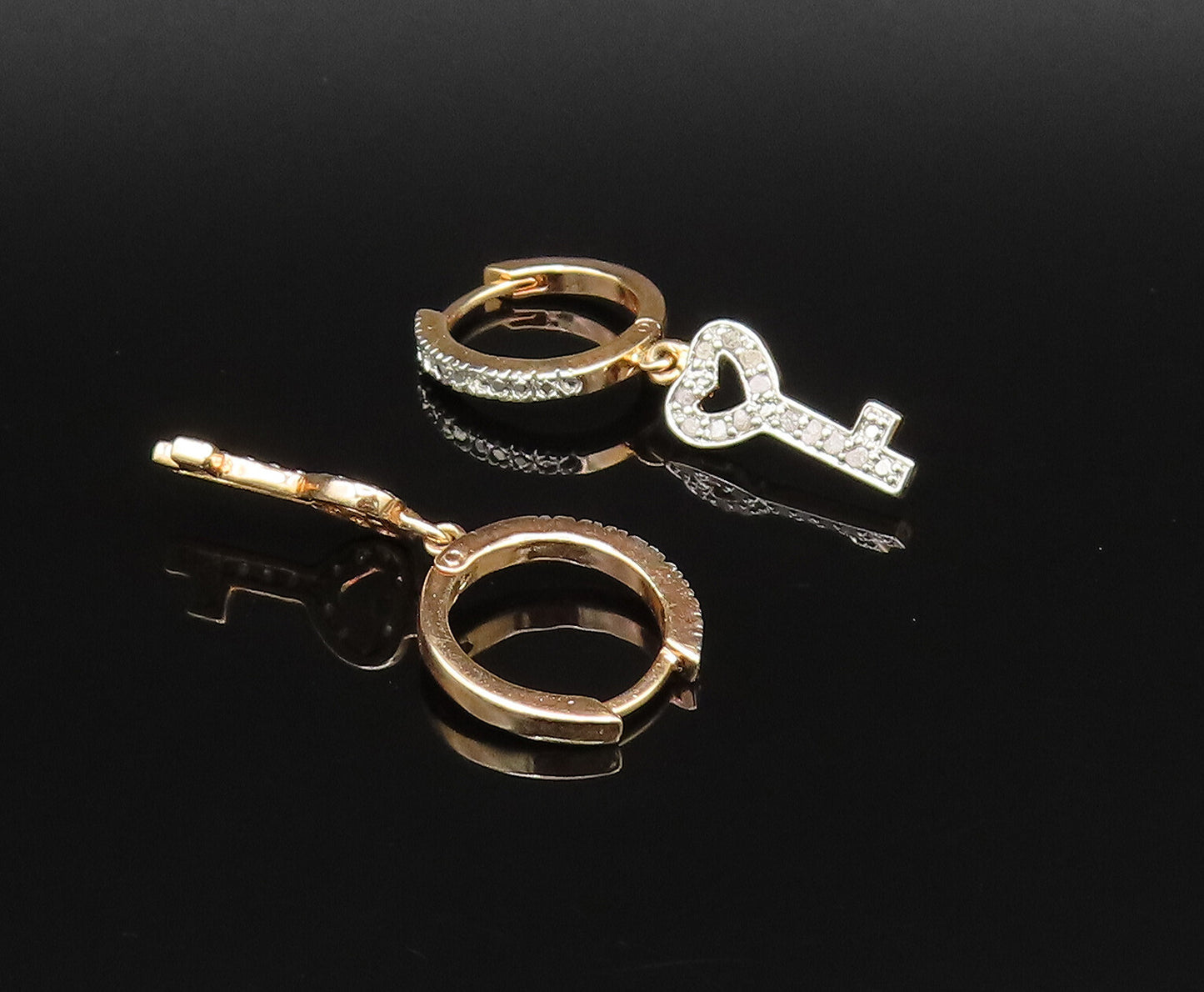 925 Silver  Vintage Gold Plated Genuine Diamonds Love Key Earrings  EG12071