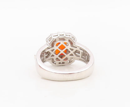 925 Sterling Silver Vintage Ring Rectangle Cut Orange Halo White CZ Sz 7 RG30136