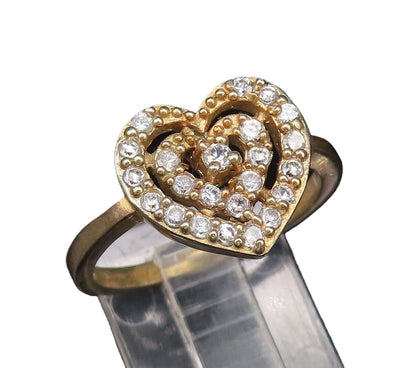 925 Silver  Vintage Gold Plated Dainty Cubic Zirconia Heart Ring Sz 8  RG25808