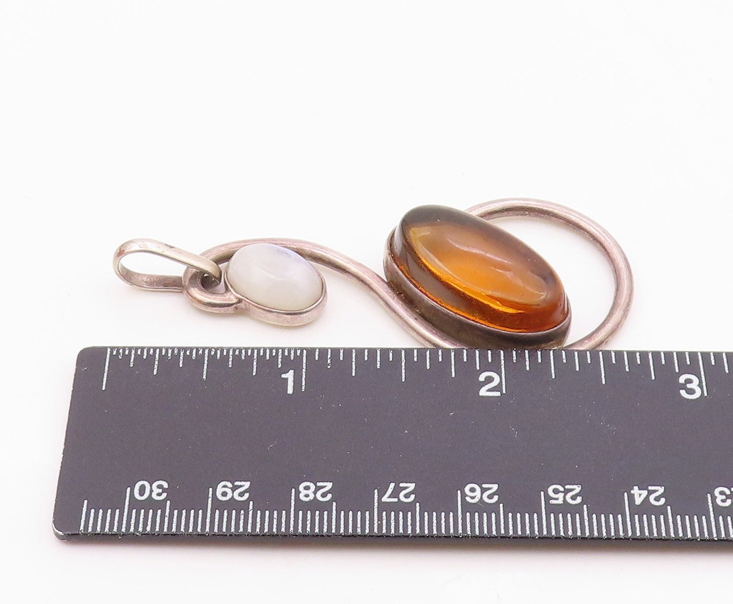 925 Sterling Silver  Cabochon Cut Amber & Moonstone Swirl Pendant  PT10774