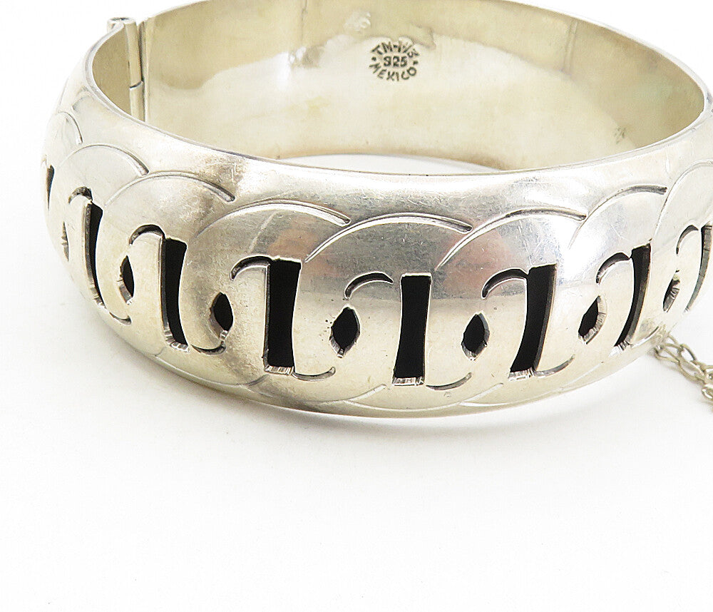 MEXICO 925 Sterling Silver Vintage Cutout Pattern Bangle Bracelet BT4000