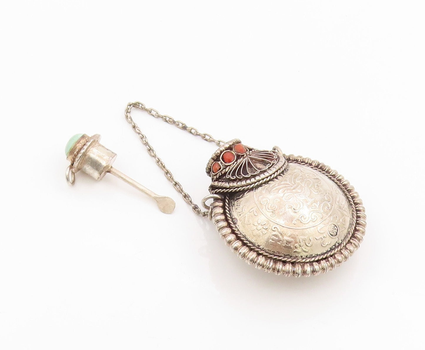 925 Sterling Silver Vintage Perfume Bottle Dark Tone Turquoise Carved  TR3889