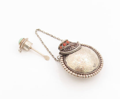 925 Sterling Silver Vintage Perfume Bottle Dark Tone Turquoise Carved  TR3889