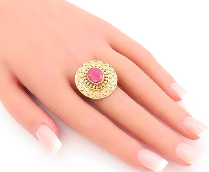 925 Sterling Silver Vintage Ring Gold Plated Carved Red Gemstone  Sz 8  RG29443