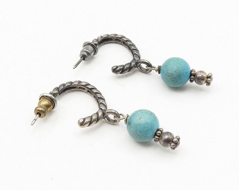 925 Sterling Silver  Vintage Turquoise Bead Twist Dangle Earrings  EG5720