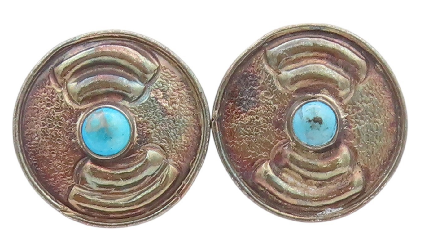 925 Sterling Silver Vintage Earrings Antique Etched Turquoise Disk  EG13593