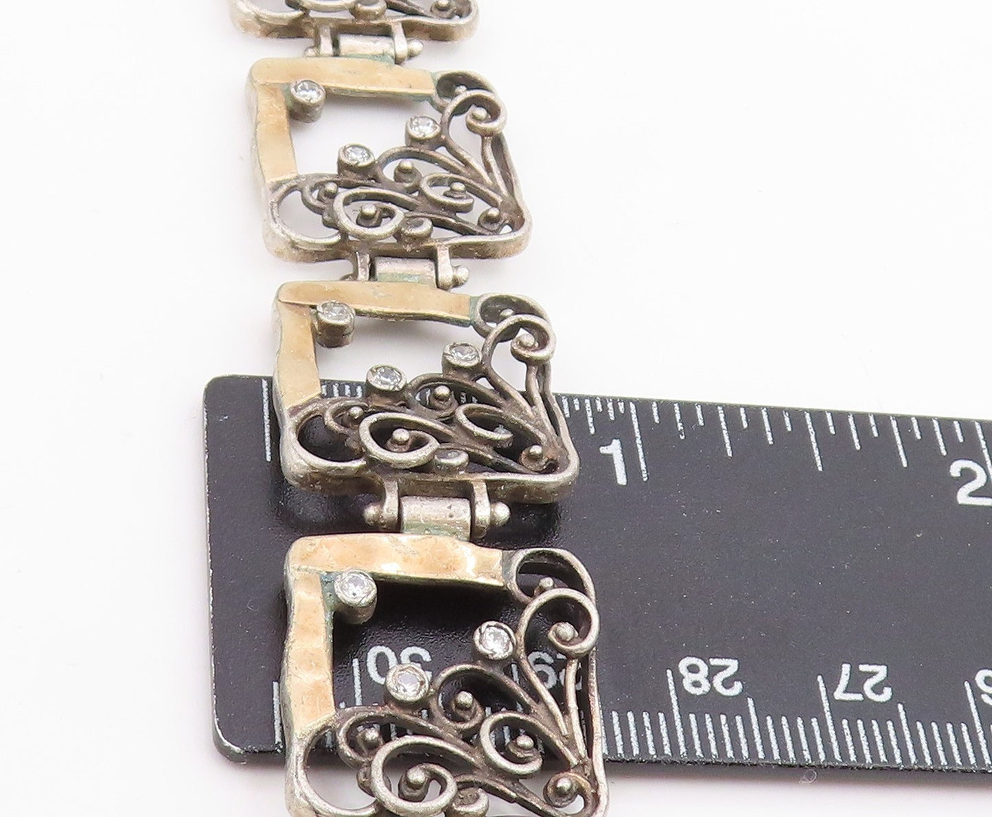 14k Gold & 925 Sterling Silver Vintage Bracelet CZ Floral Panel Link  BT11846