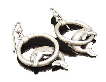 KABANA 925 Silver  Vintage Dolphin Jumping Circle Dangle Earrings  EG11898