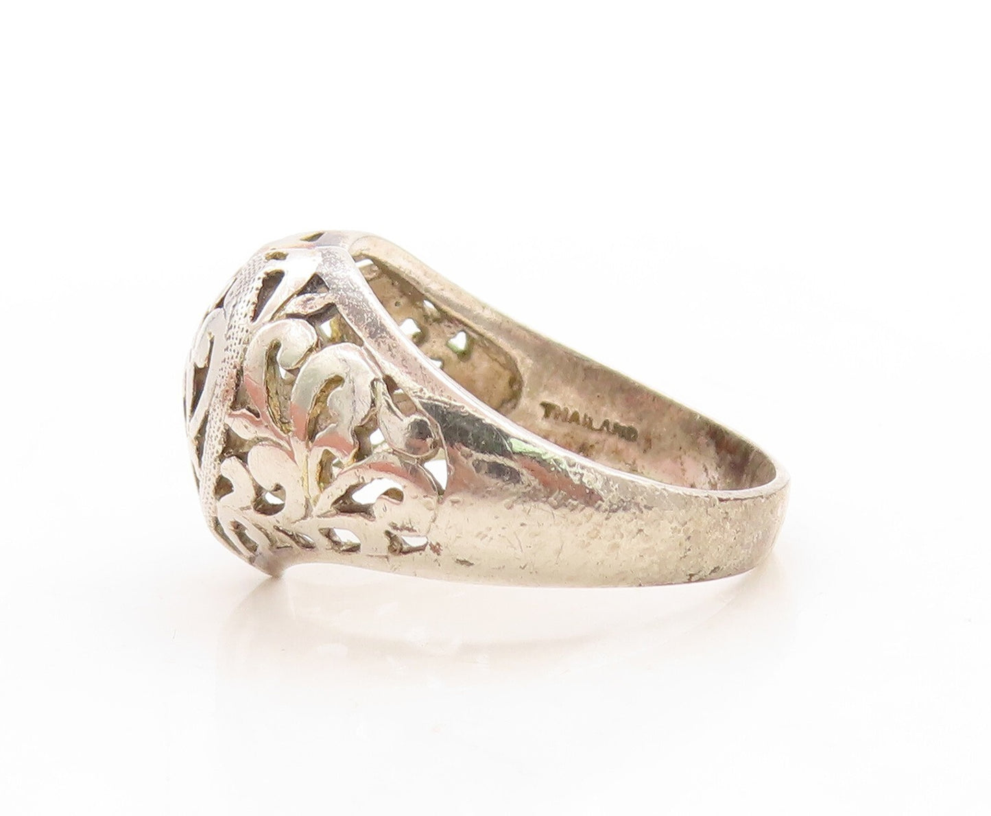 925 Sterling Silver Vintage Ring Designer Swirly Heart Design  Sz 9.5  RG31648