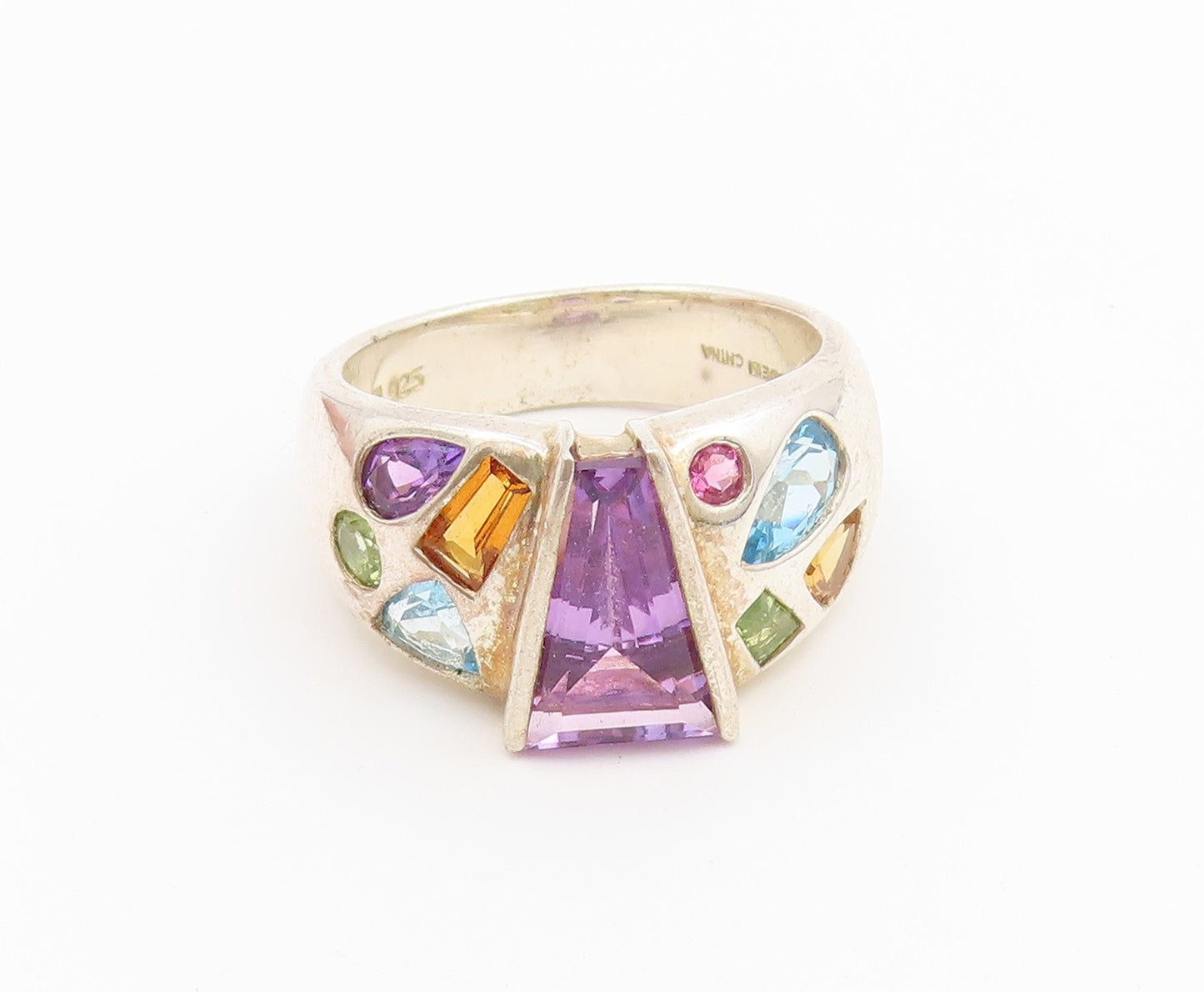 925 Sterling Silver Vintage Ring Modernist Multi Gemstone Band  Sz 9  RG36799
