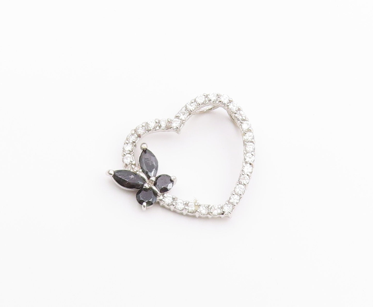 925 Silver  Vintage Cubic Zirconia & Sapphire Butterfly Heart Pendant  PT17083