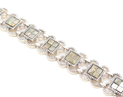 925 Sterling Silver  Marcasite Linked Floral Tennis Bracelet  BT1012