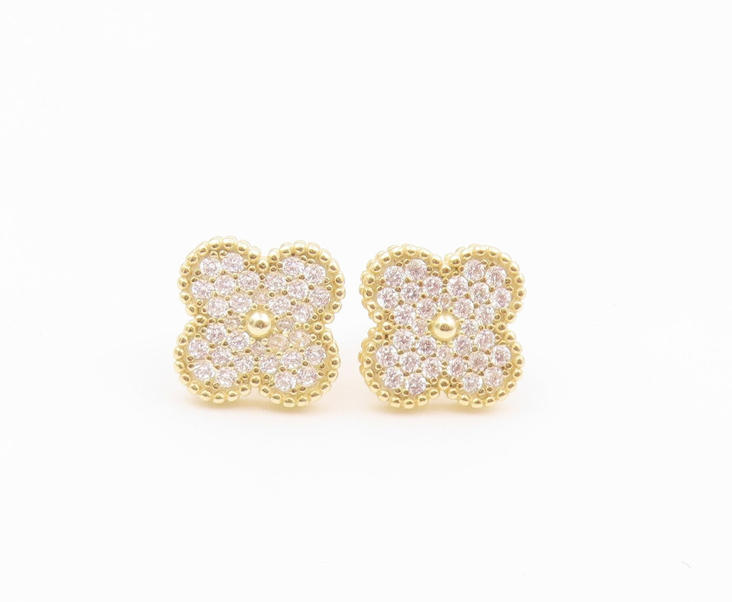 925 Sterling Silver Vintage Earrings Gold Plated CZ Lucy Clover Stud  EG14516