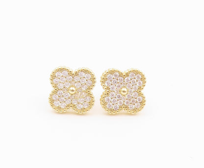 925 Sterling Silver Vintage Earrings Gold Plated CZ Lucy Clover Stud  EG14516