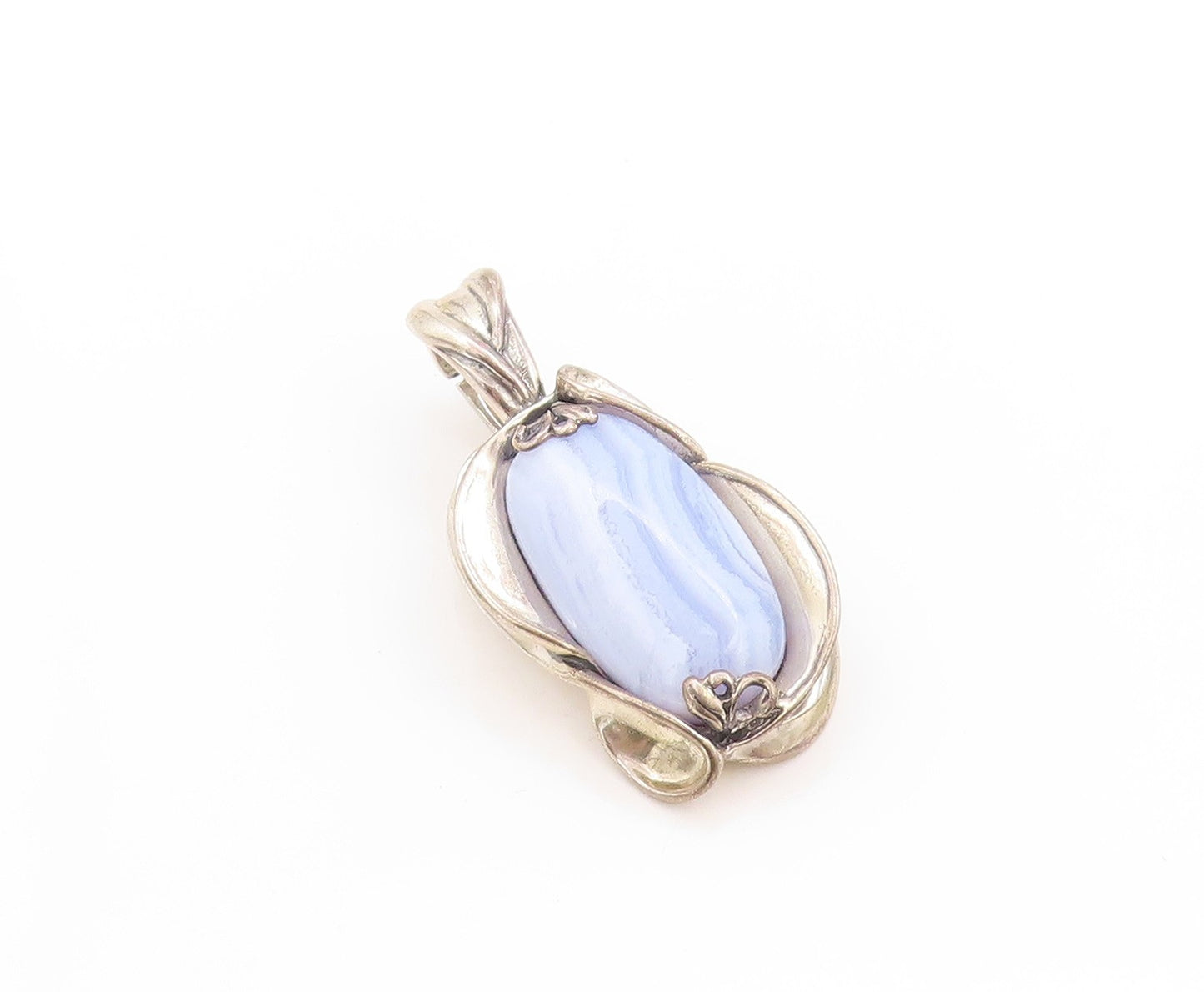 925 Sterling Silver Vintage Pendant CAROLYN POLLACK Floral Laced Agate  PT24197