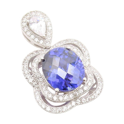 925 Sterling Silver Vintage Pendant CELINE F  Tanzanite Halo CZ Charm  PT25945