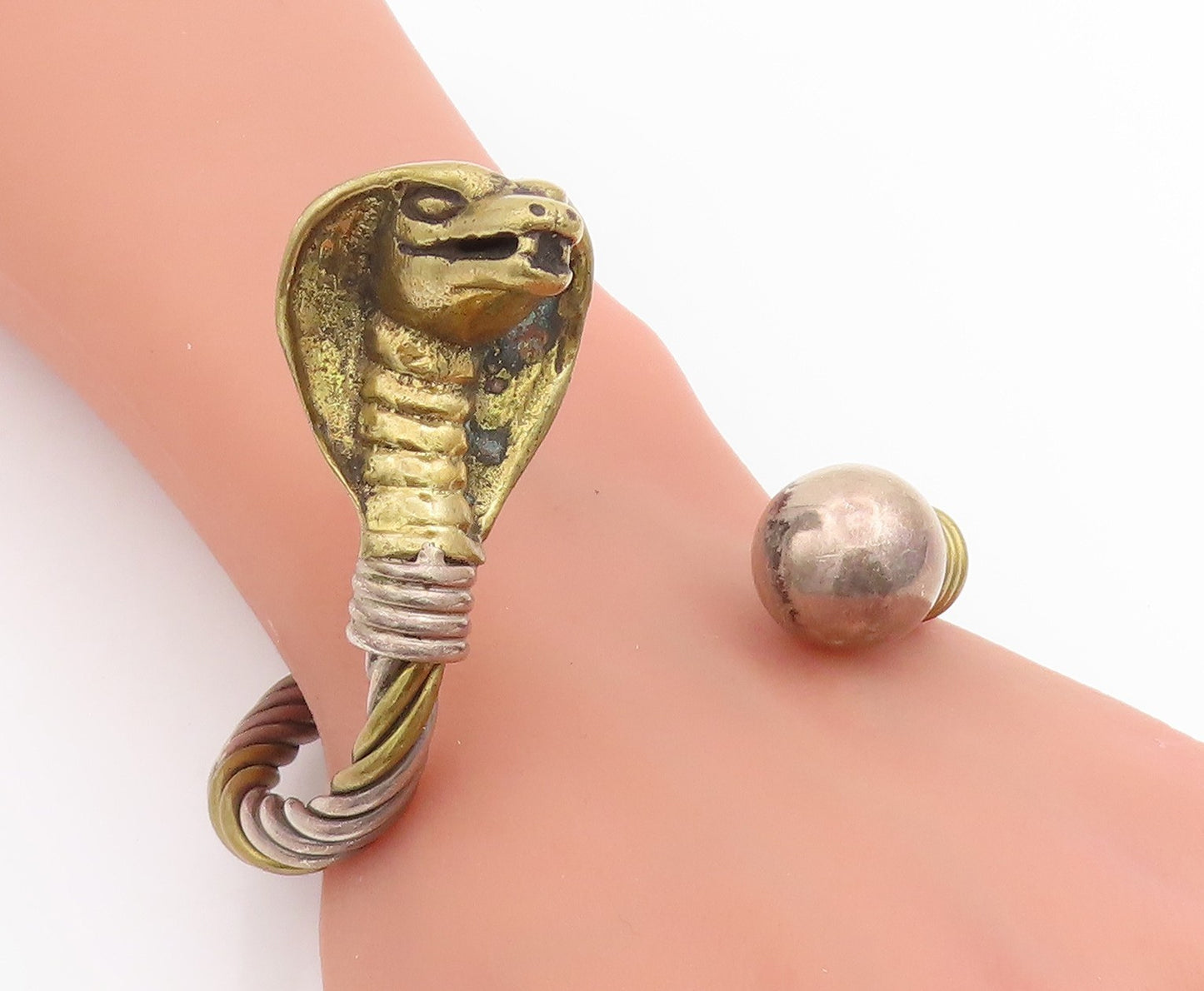925 Sterling Silver Vintage Bracelet Two Tone Twisted Cobra Head Cuff  BT11418