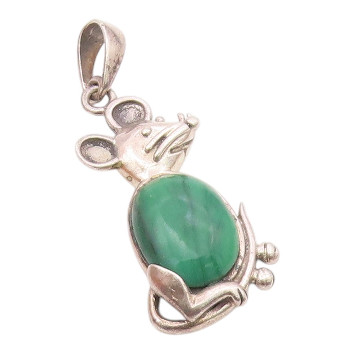 925 Sterling Silver  Vintage Cabochon Cut Malachite Mouse Pendant  PT10202