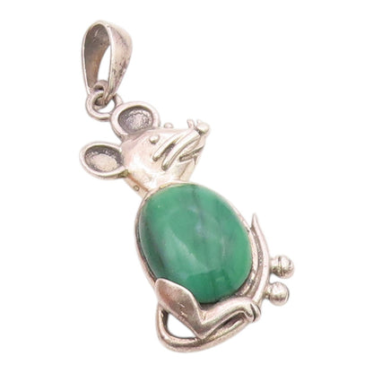 925 Sterling Silver  Vintage Cabochon Cut Malachite Mouse Pendant  PT10202