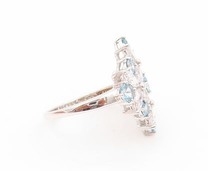 925 Sterling Silver Vintage Ring White & Blue CZ Flowers Inlay  SZ 9  RG31938