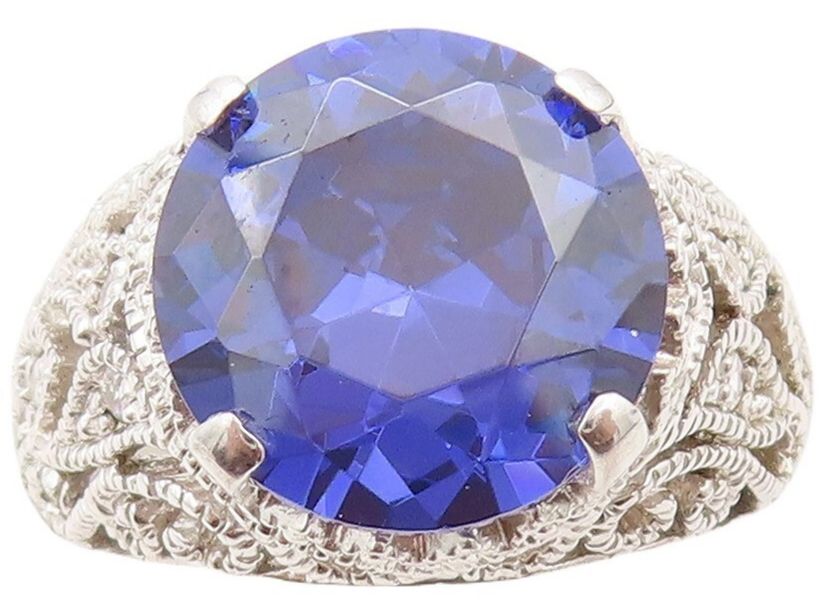 925 Sterling Silver Vintage Ring Swirly Cutout Round Sapphire  Sz 7  RG30782