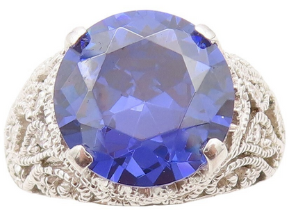 925 Sterling Silver Vintage Ring Swirly Cutout Round Sapphire  Sz 7  RG30782