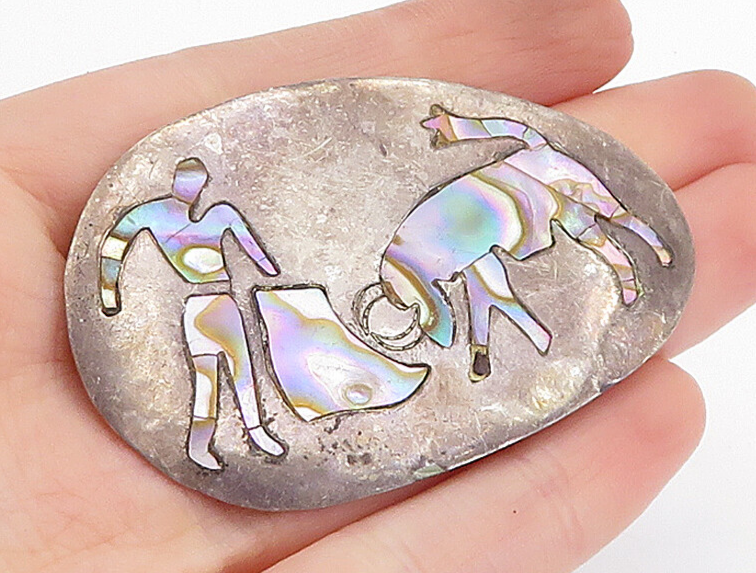 MEXICO 925 Sterling Silver  Vintage Abalone Inlay Bull Rider Brooch Pin BP1409