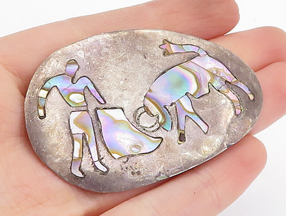 MEXICO 925 Sterling Silver  Vintage Abalone Inlay Bull Rider Brooch Pin BP1409