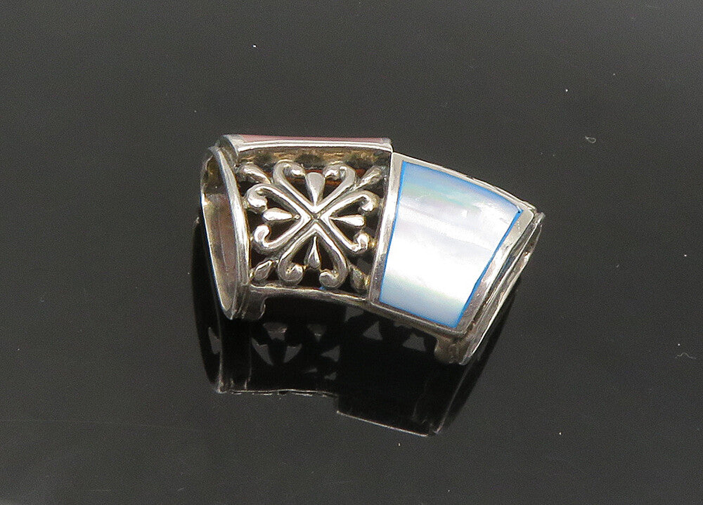 925 Sterling Silver  Vintage Mother Of Pearl Floral Slide Pendant  PT17634