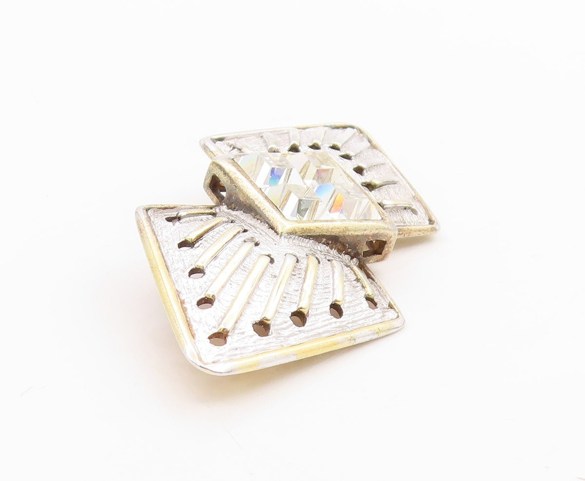 925 Sterling Silver Vintage Brooch PIEFFE Gold Plated CZ Geometric Pin  BP11775