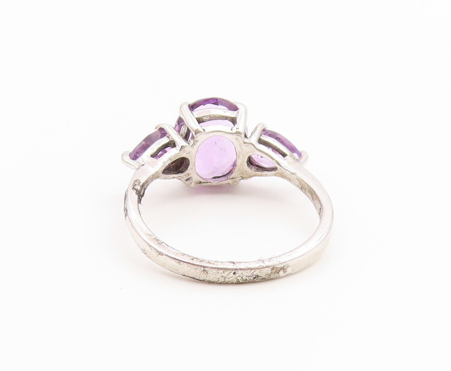 925 Sterling Silver Vintage Ring Elegant Three Stone Amethyst Band Sz 7 RG36815