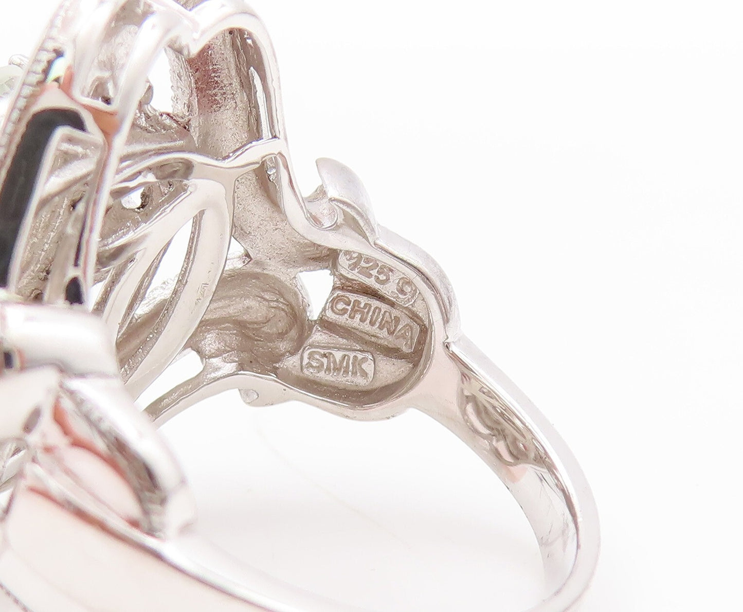 925 Sterling Silver Vintage Ring Swirly Green Amethyst & Diamonds Sz 9.5 RG29611