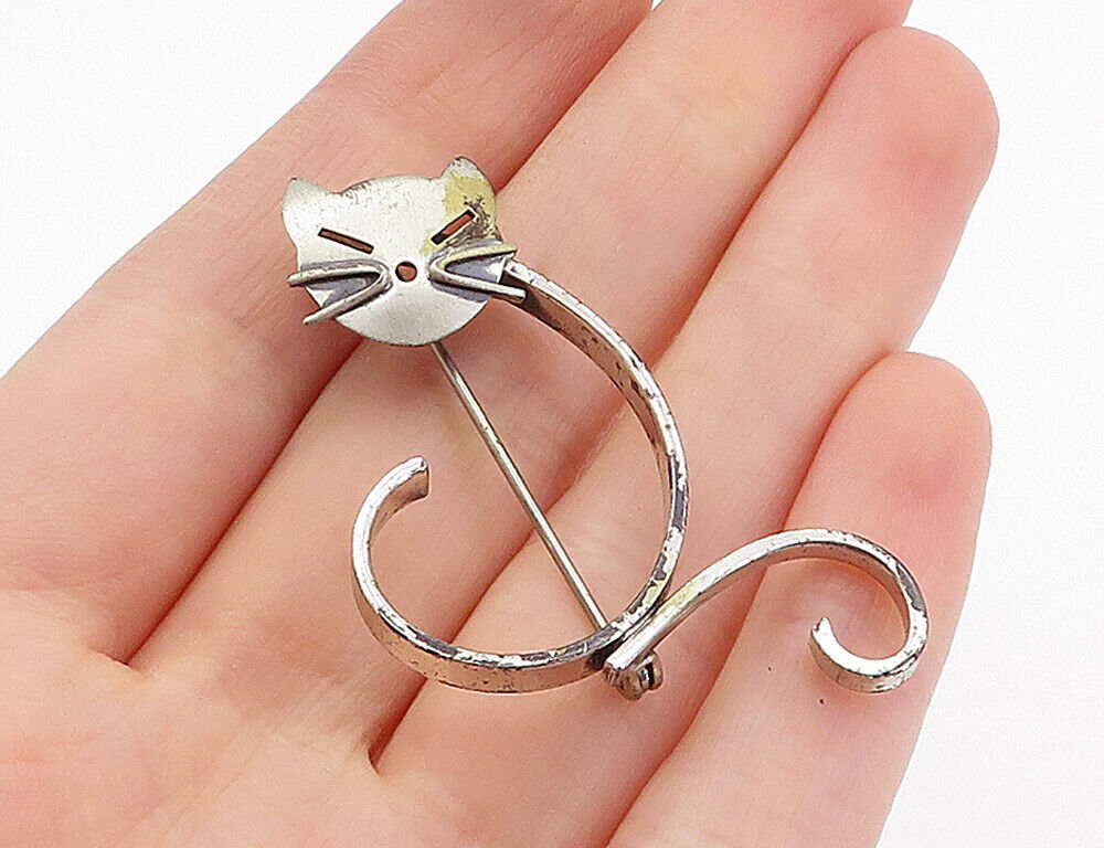 BEAU 925 Sterling Silver  Vintage Modernist Swirl Cat Motif Brooch Pin  BP1417