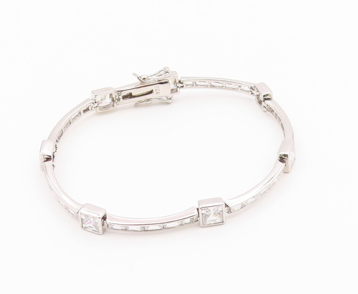 925 Sterling Silver  Vintage Shiny Cubic Zirconia Bar Chain Bracelet  BT8841