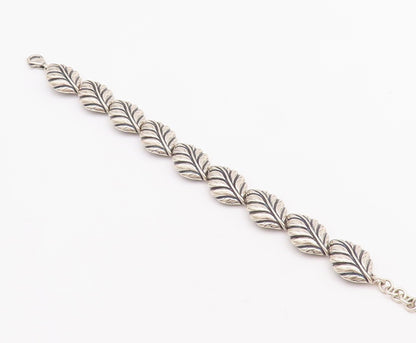 925 Sterling Silver Vintage Bracelet Solid Domed Carved Leaved Linked  BT10681