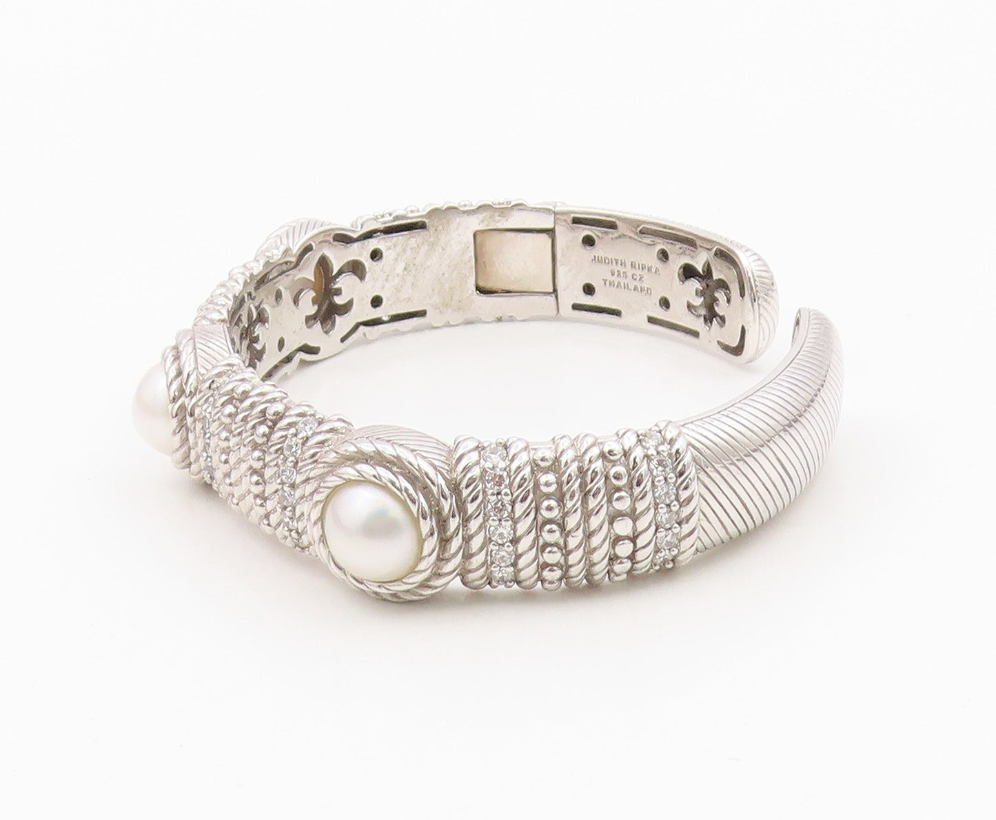 925 Sterling Silver Vintage Bracelet JUDITH RIPKA Round Pearl & CZ Cuff  BT11996